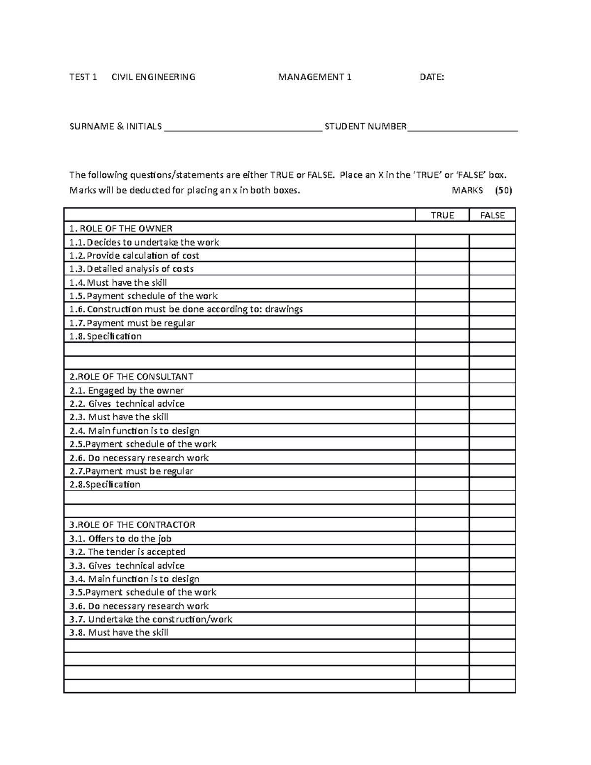 TEST 1 Questions - TEST 1 CIVIL ENGINEERING MANAGEMENT 1 DATE: SURNAME ...