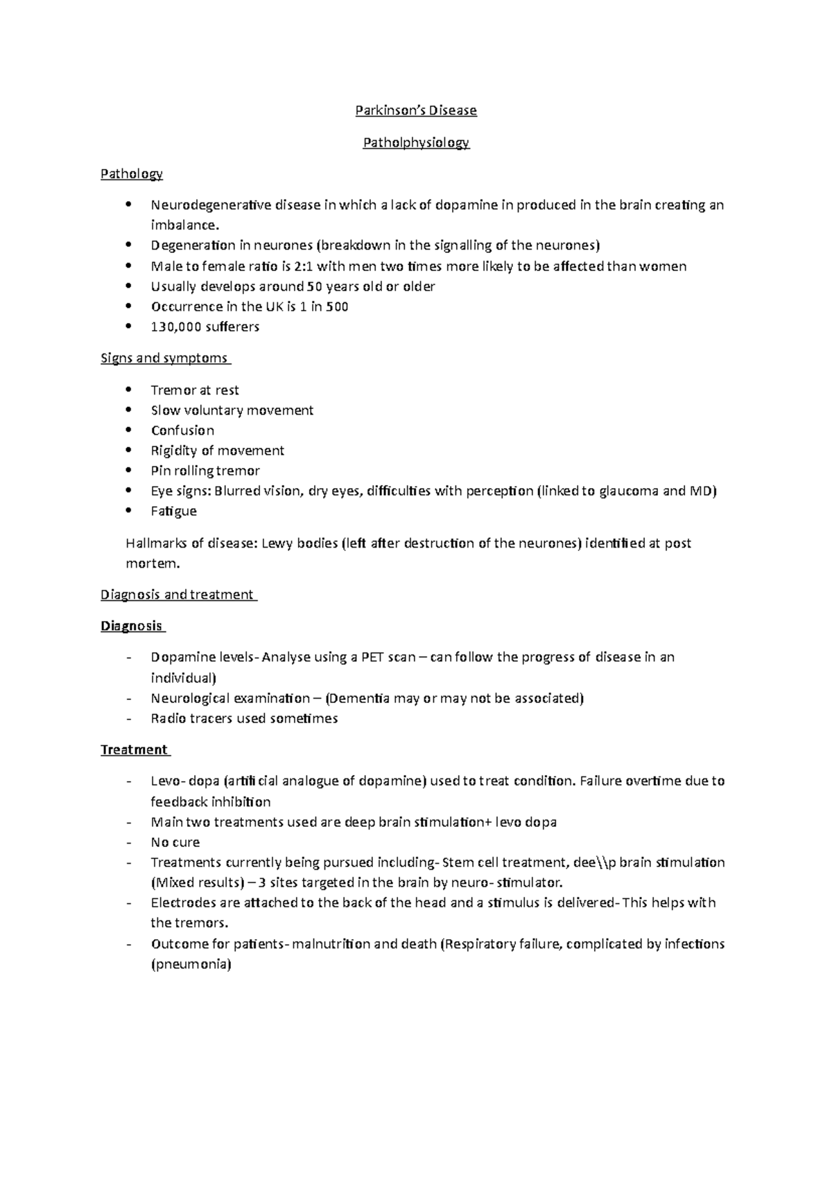 Parkinson's Overview - Summarisation of the pathophysiology and ...