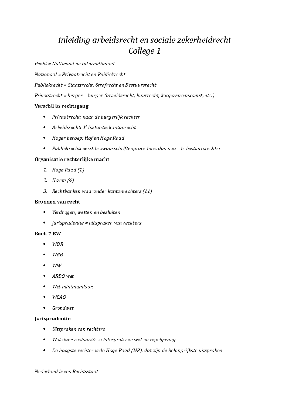 College 1 Aantekeningen - Inleiding Arbeidsrecht En Sociale ...