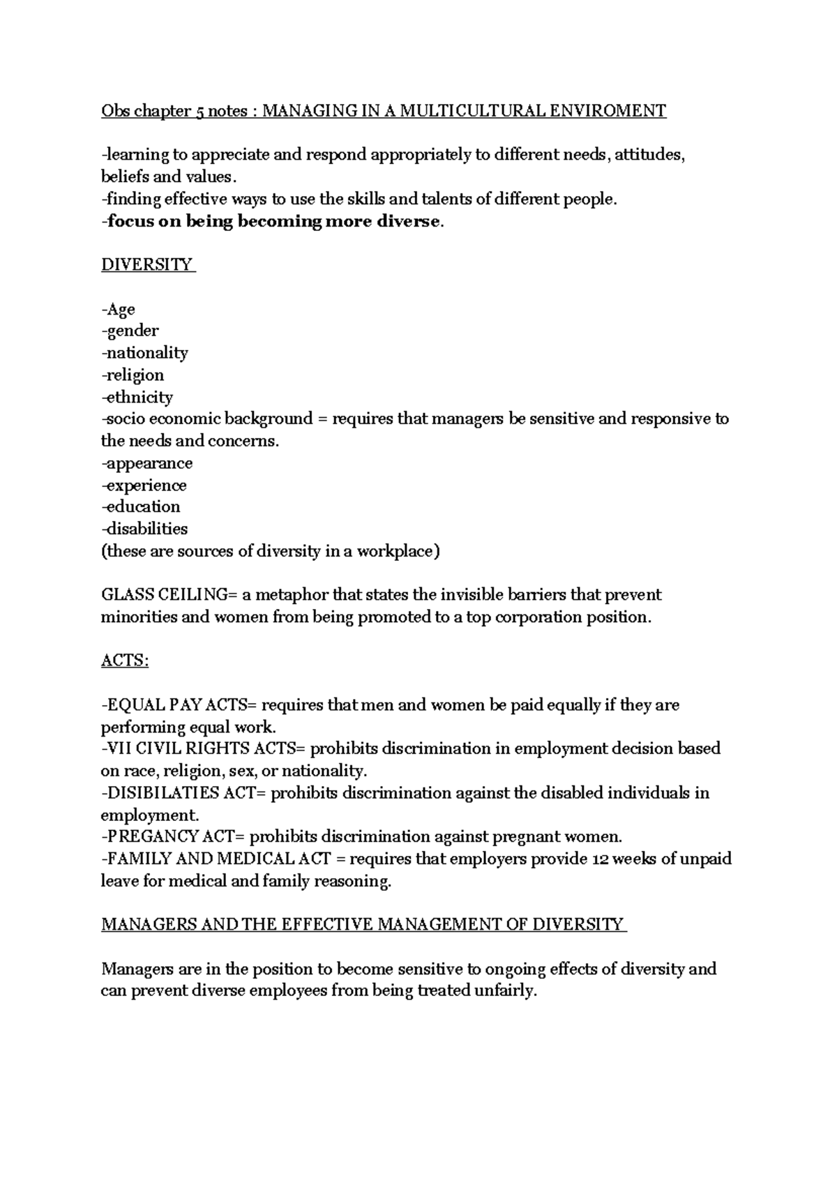Obs chapter 5 notes - Obs chapter 5 notes : MANAGING IN A MULTICULTURAL ...