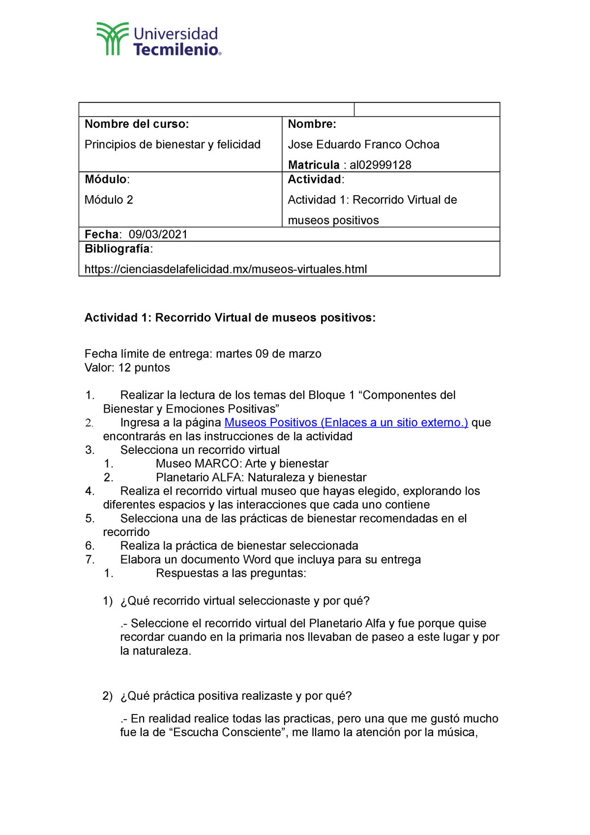 Actividad 1 de bienestra y prueba de encuesta - Nombre del curso ...