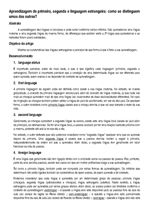 Diferencas Entre Primeira Segunda E Linguagem Estrangeira Studocu