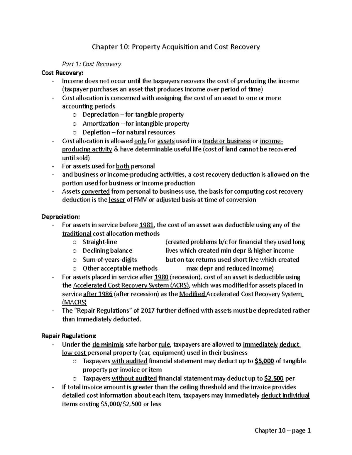 Chapter 10 - Property Acquisition and Cost Recovery - Repair ...
