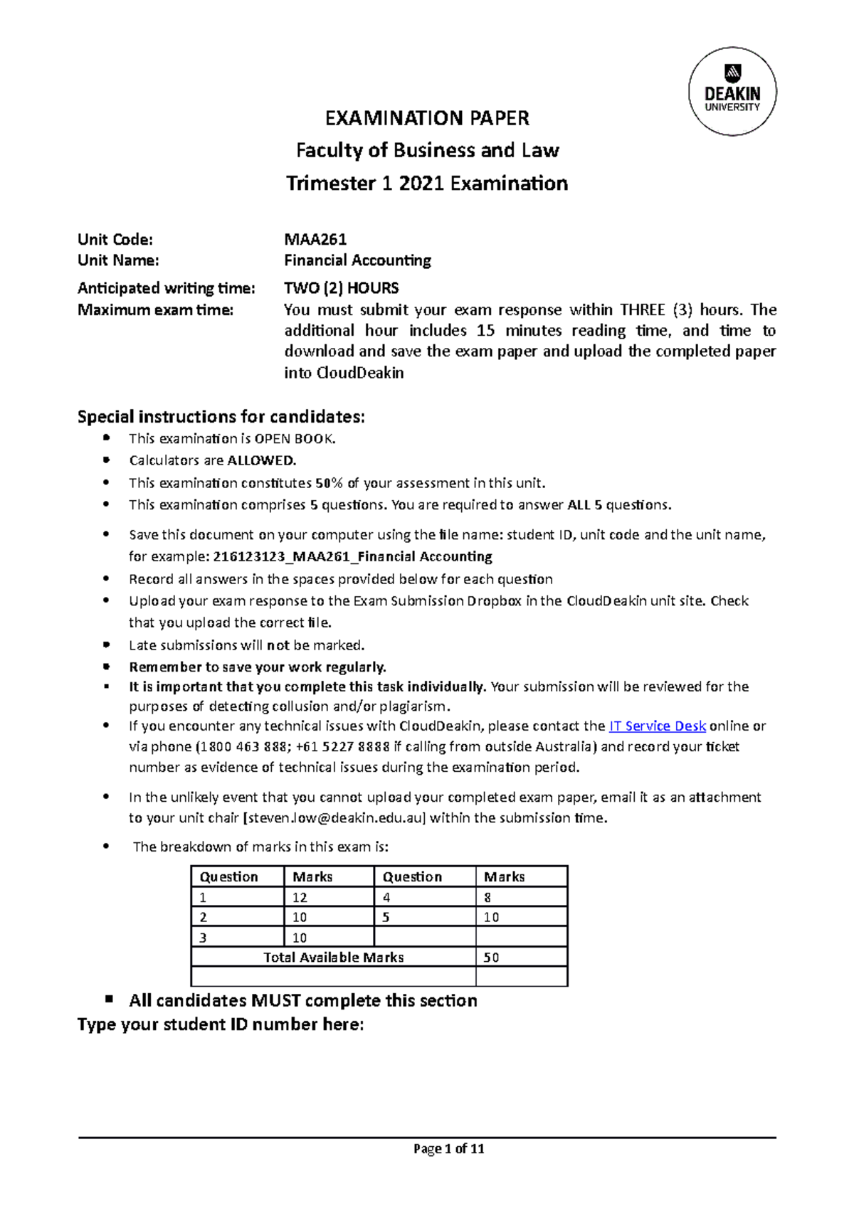 2021 T1 MAA261 Financial Accounting Final Exam - EXAMINATION PAPER ...