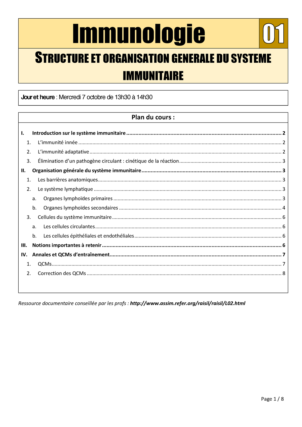 Immuno-CM1 Structure Et Organisation Générales Du Système Immunitaire ...