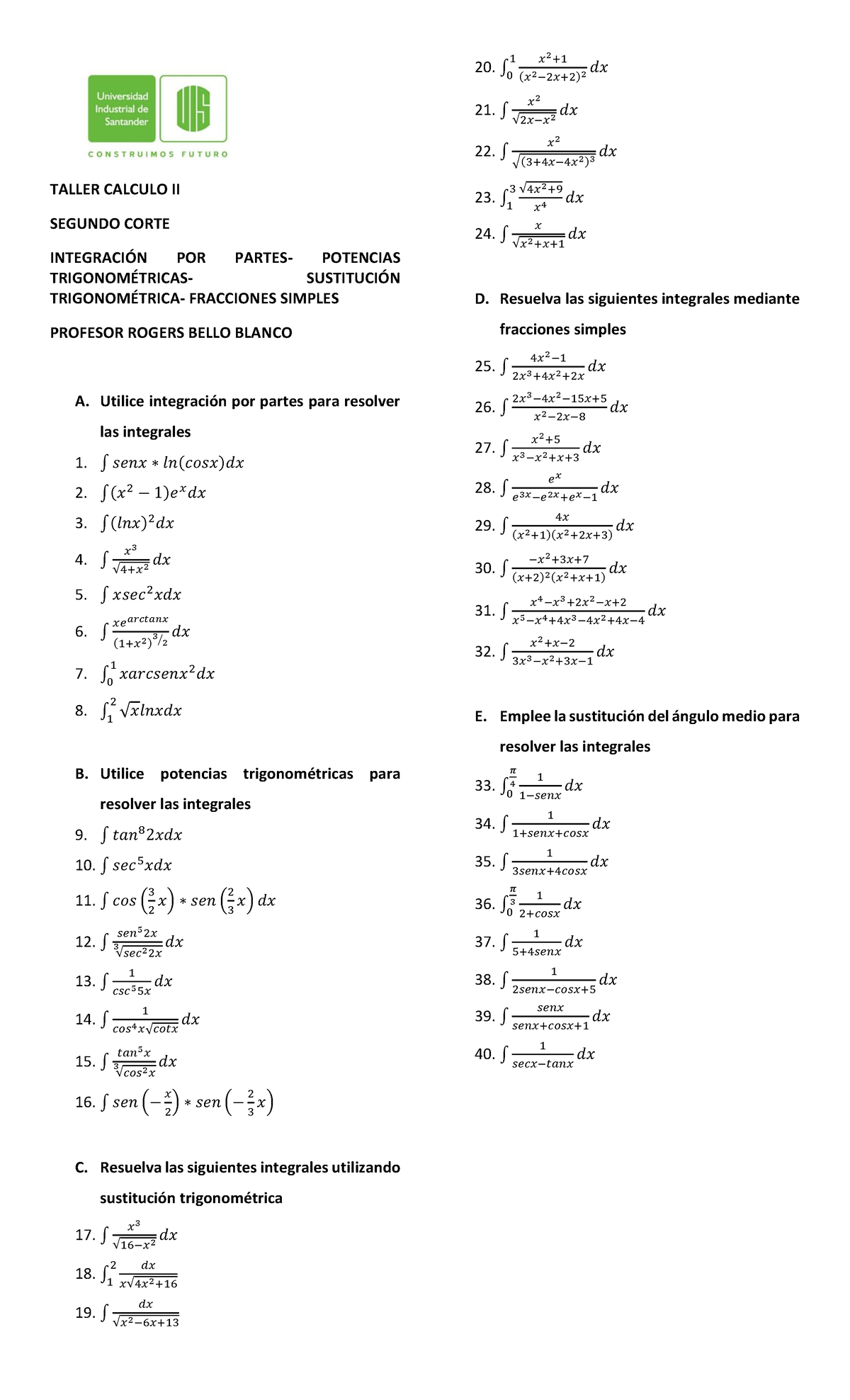 Taller Calculo II 2° Corte 2022-II - TALLER CALCULO II SEGUNDO CORTE ...