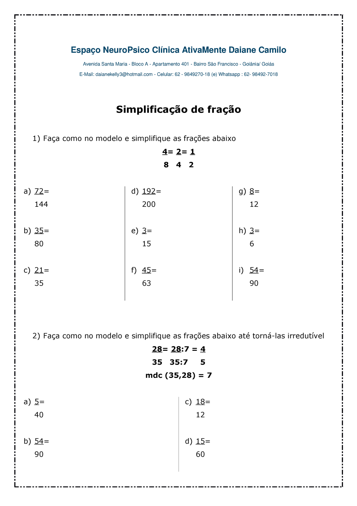 Listas: Simplificação de Fração - Reforço de Matemática