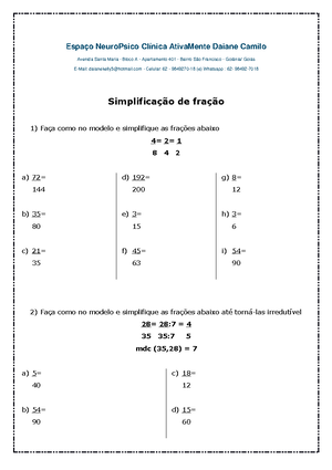 Exercícios de Simplificação de fração - Matemática