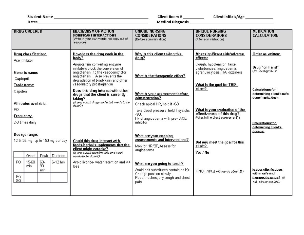 Captopril - MEDICATION CARD - Student Name ...