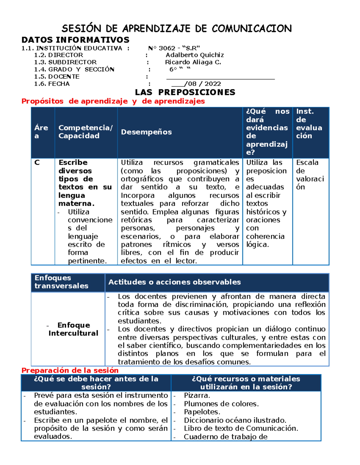 Esión DE Aprendizaje DE Comunicacion - SESIÓN DE APRENDIZAJE DE ...