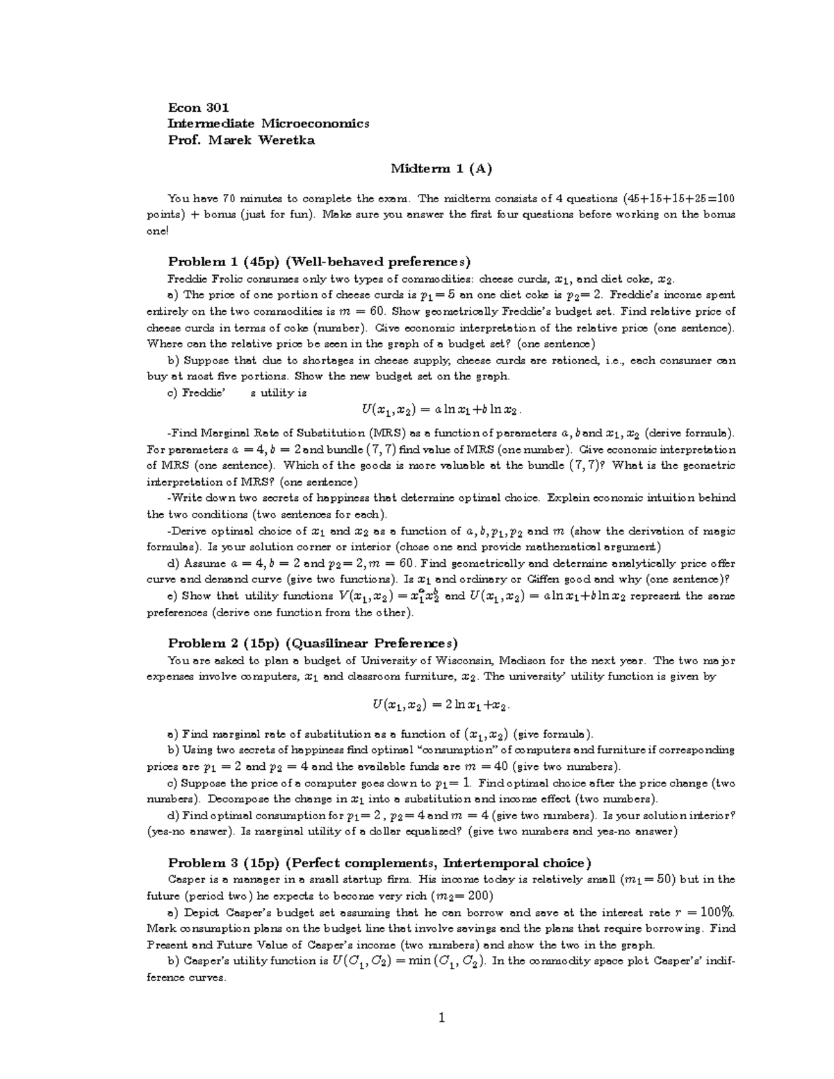 Exam 2013, questions and answers - Midterm - Econ 301 Intermediate ...