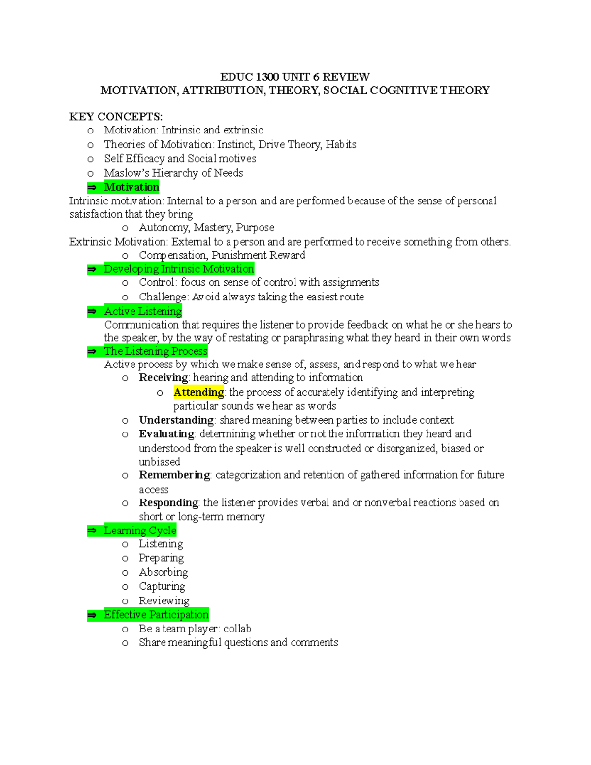 EDUC 1300 Review 6 - EDUC 1300 UNIT 6 REVIEW MOTIVATION, ATTRIBUTION ...