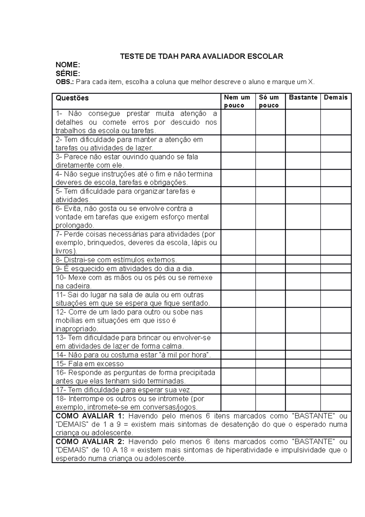 Teste DE TDAH PARA Avaliador Escolar - TESTE DE TDAH PARA AVALIADOR ...