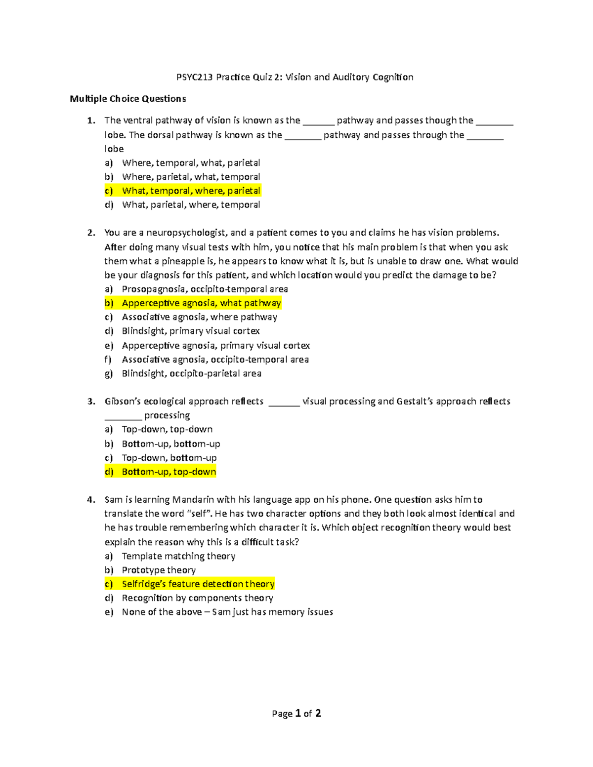 PSYC213 Practice Quiz 2 answers PSYC213 Practice Quiz 2 Vision and
