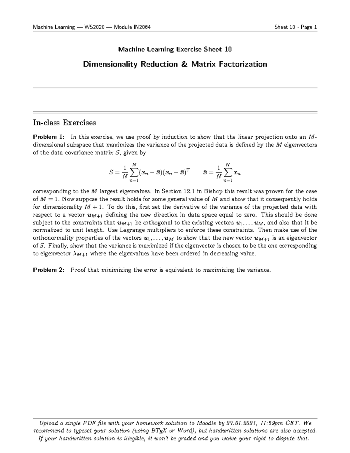 Exercise 10 dim reduction - Machine Learning — WS2020 — Module IN2064 ...