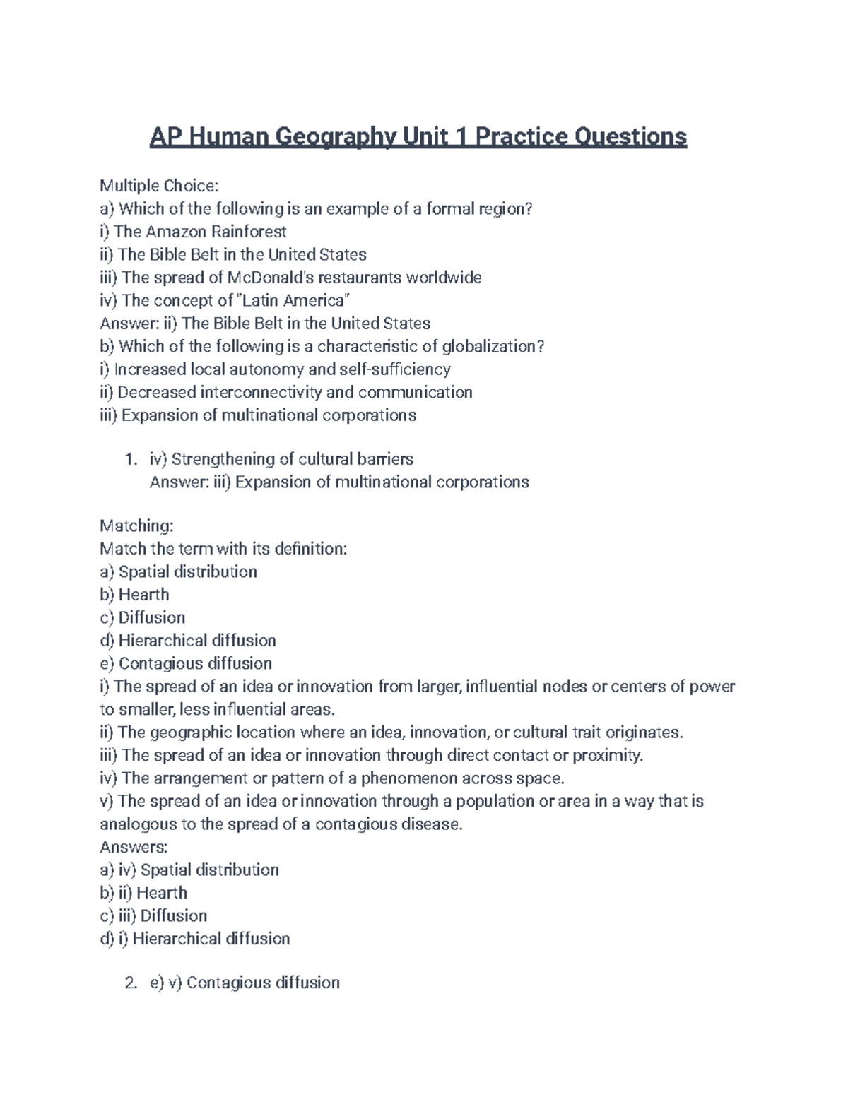 AP Human Geography Unit 1 Questions - AP Human Geography Unit 1 ...