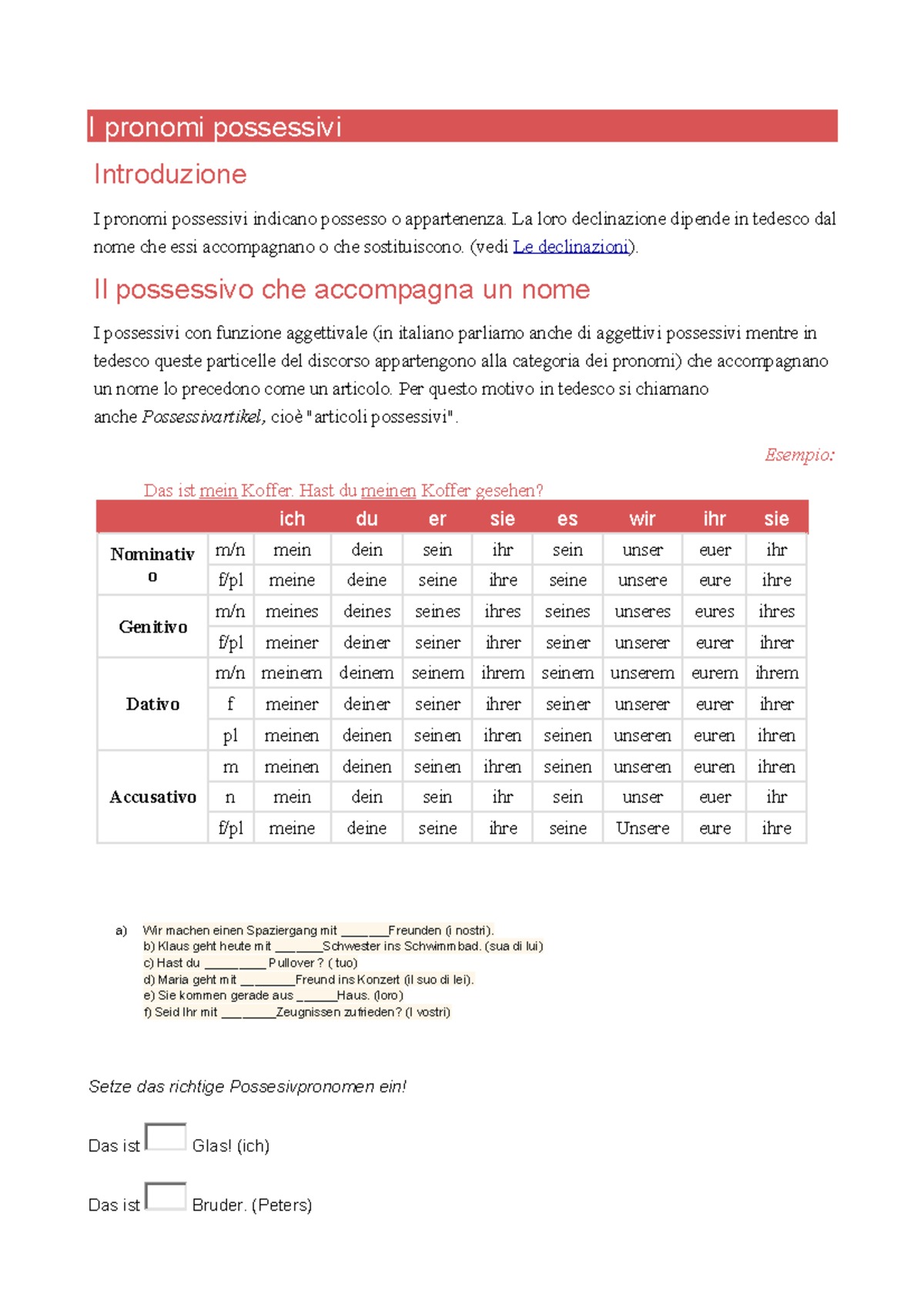 I Pronomi Possessivi Con Esercizi - I Pronomi Possessivi Introduzione I ...