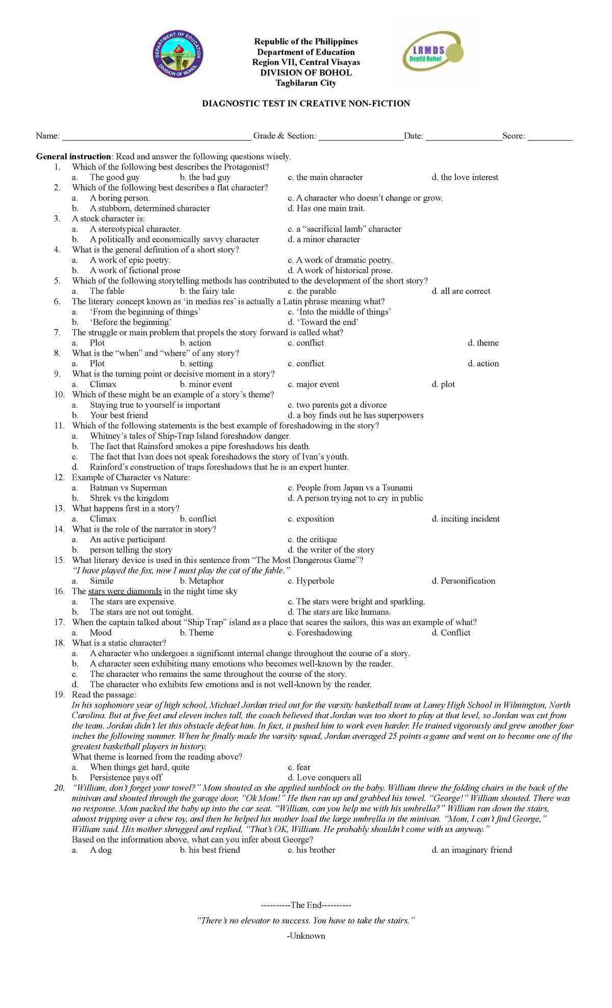 Creative Non-Fiction Diagnostic Test - Republic Of The Philippines ...