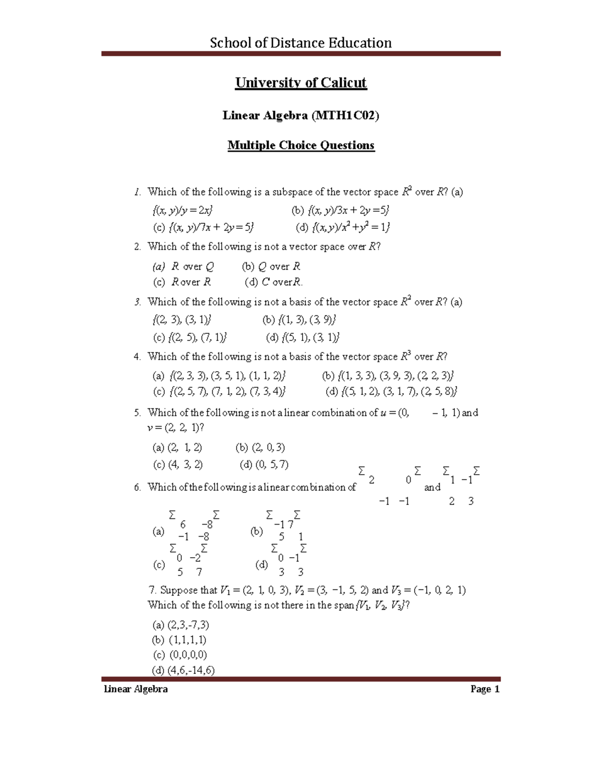 Linear Algebra 1 - Question bank - − 5 7 3 3 University of Calicut ...