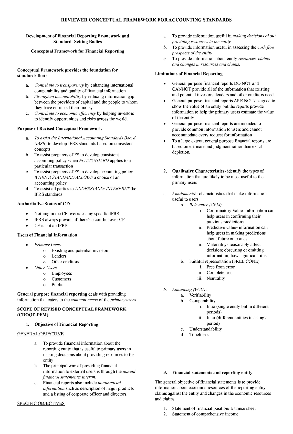 Reviewer CFAS - Notes - REVIEWER CONCEPTUAL FRAMEWORK FOR ACCOUNTING ...