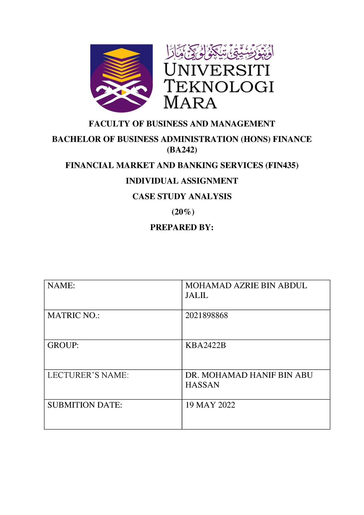 FIN 435 Individual Assignment - FACULTY OF BUSINESS AND MANAGEMENT ...