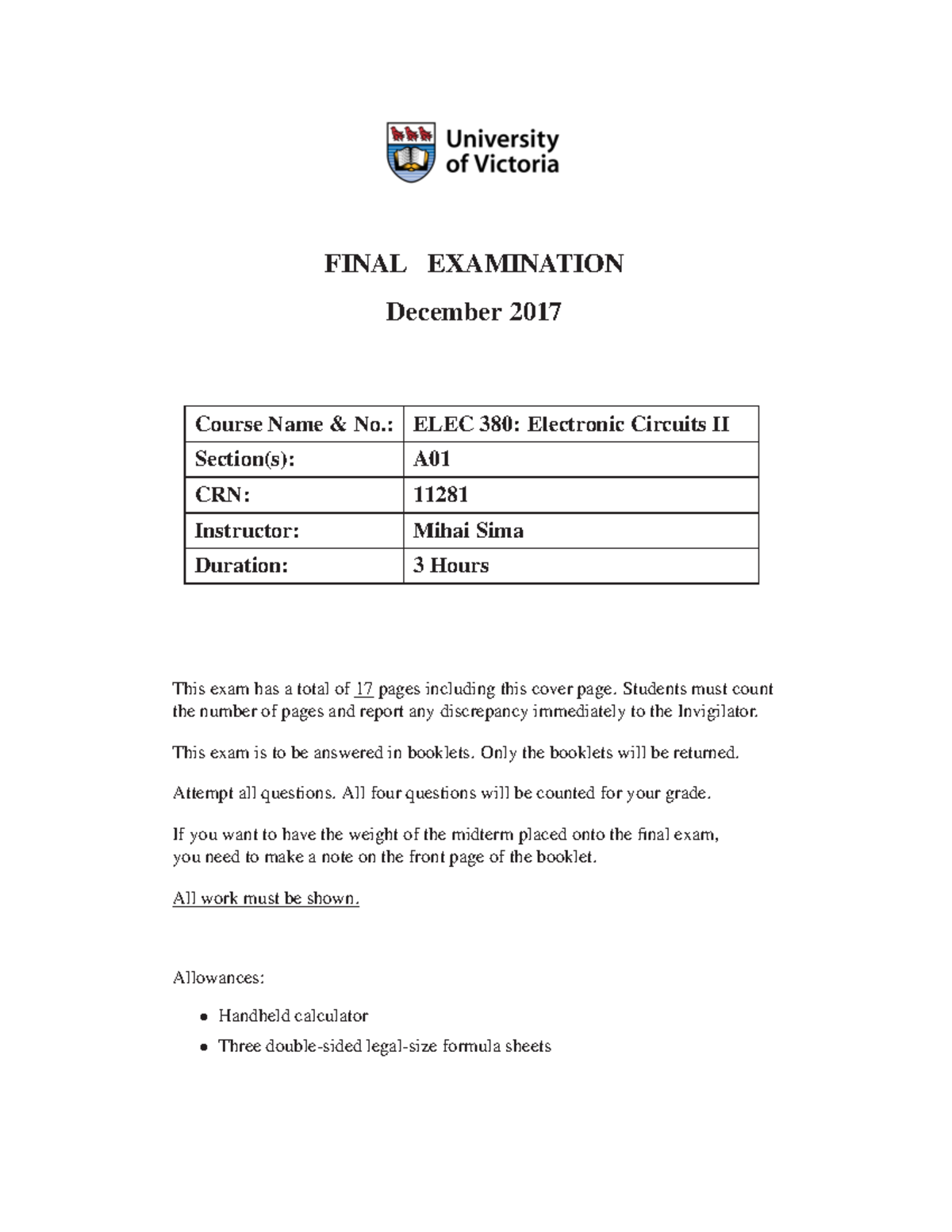 Final 2017, questions and answers - FINAL EXAMINATION December 2017 ...
