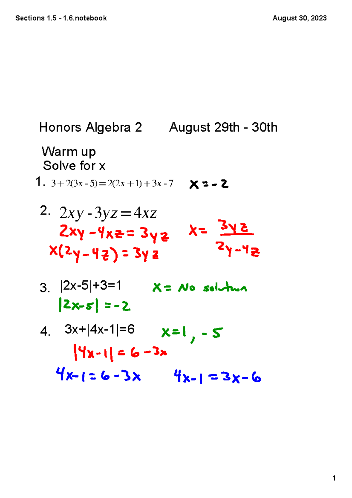 Section+1 - Unit 1 of Algebra 2 Honors at Langley High School FCPS ...