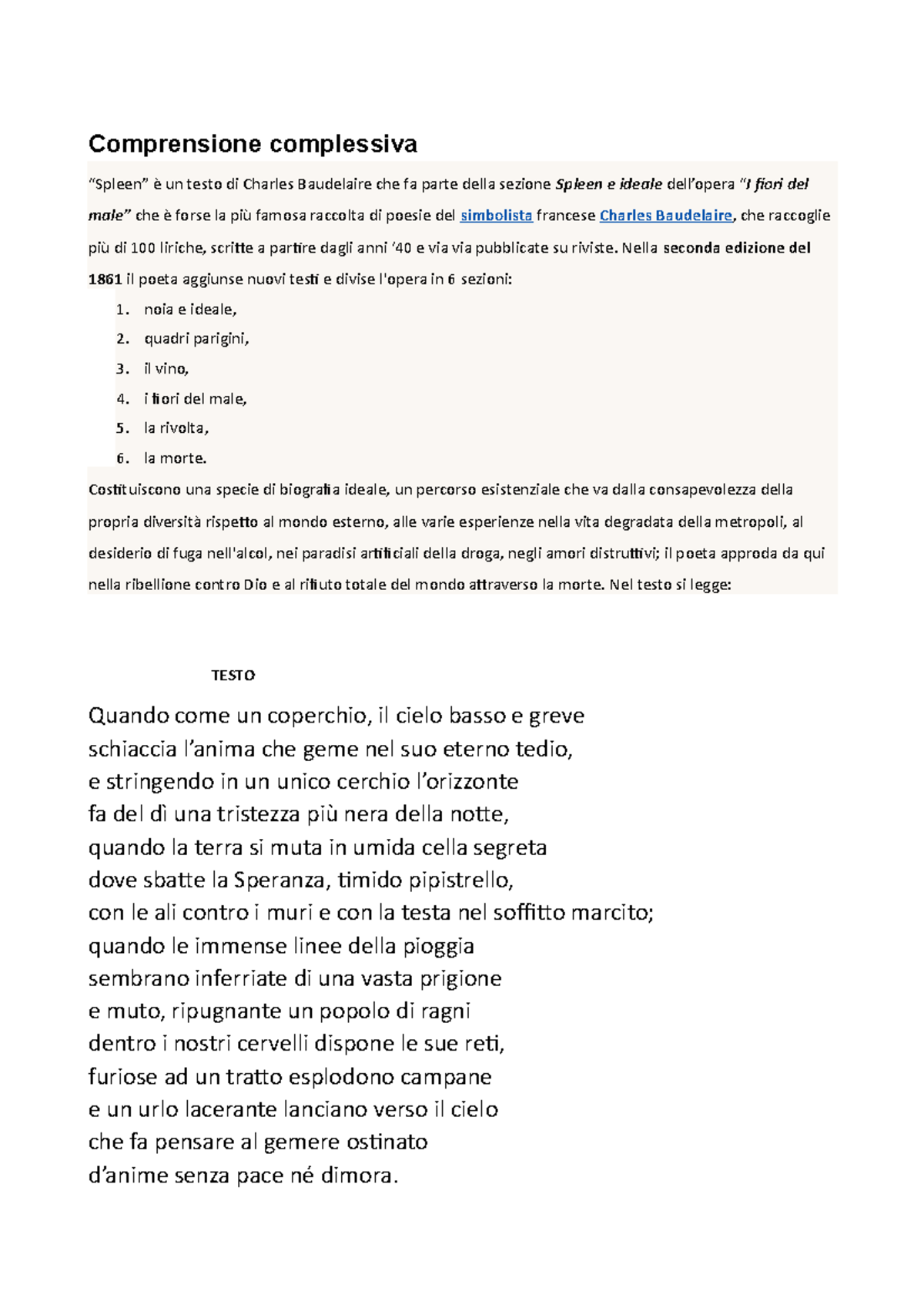 Spleen di Baudelaire I classici nostri contemporanei Comprensione