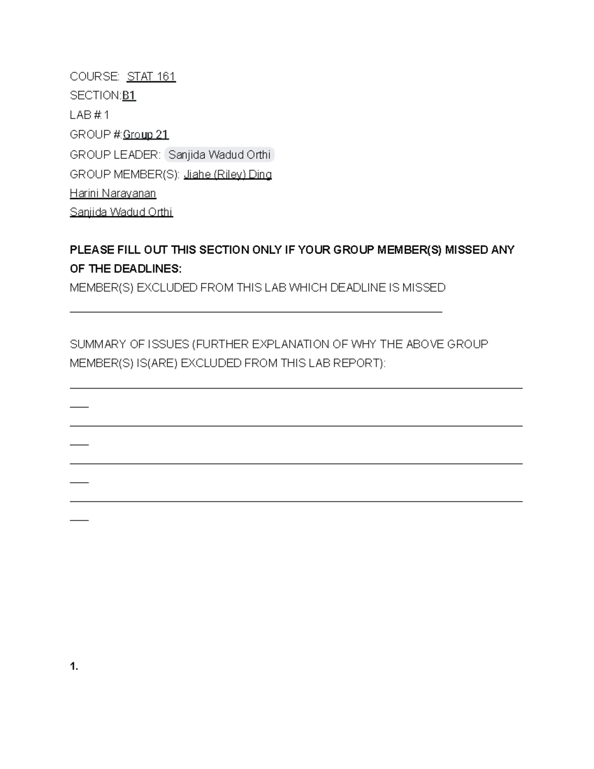 Stat 161 Lab 1 - Lab 1 help - COURSE: STAT 161 SECTION:B LAB #: GROUP ...