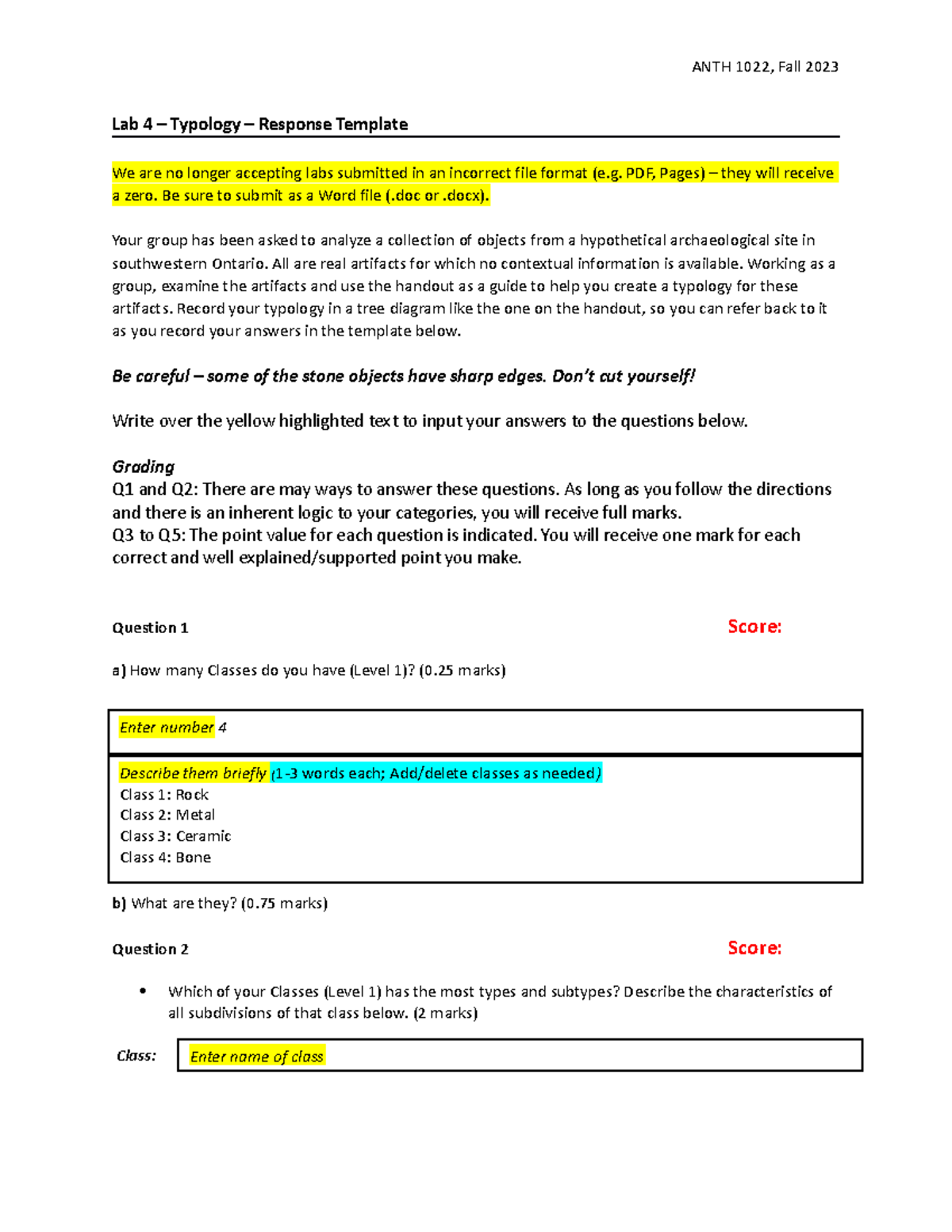 Typology Lab Response Template - ANTH 1022, Fall 2023 Lab 4 – Typology ...