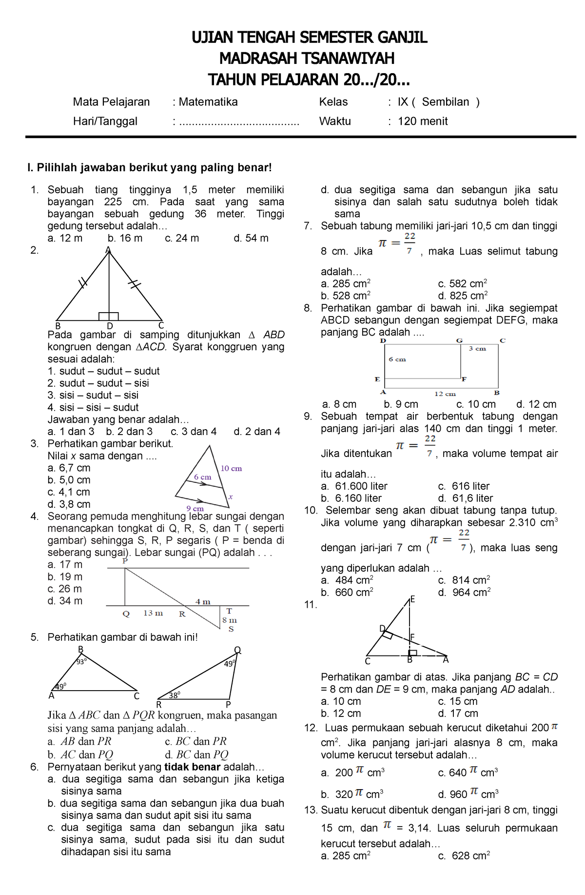 Soal PTS Matematika Kelas 9 Sem 1 - Kamimadrasah - UJIAN TENGAH ...