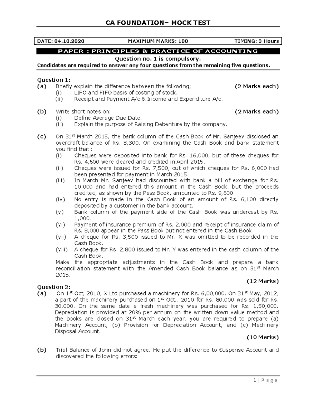 Accounts MTP 2 - DATE: 04.10 MAXIMUM MARKS: 100 TIMING: 3 Hours PAPER ...