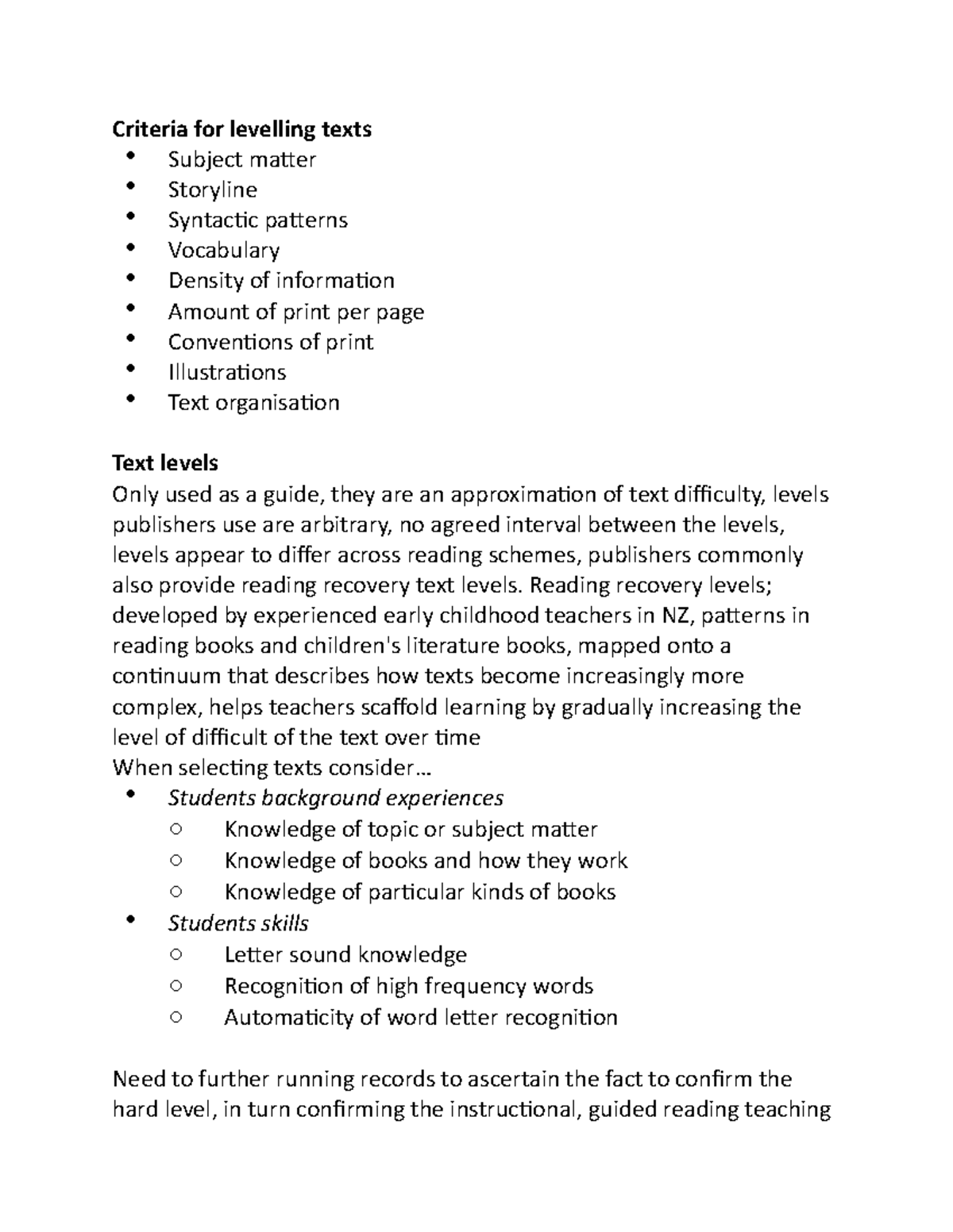 Week 7 - Lecture notes 7 - Criteria for levelling texts Subject matter ...