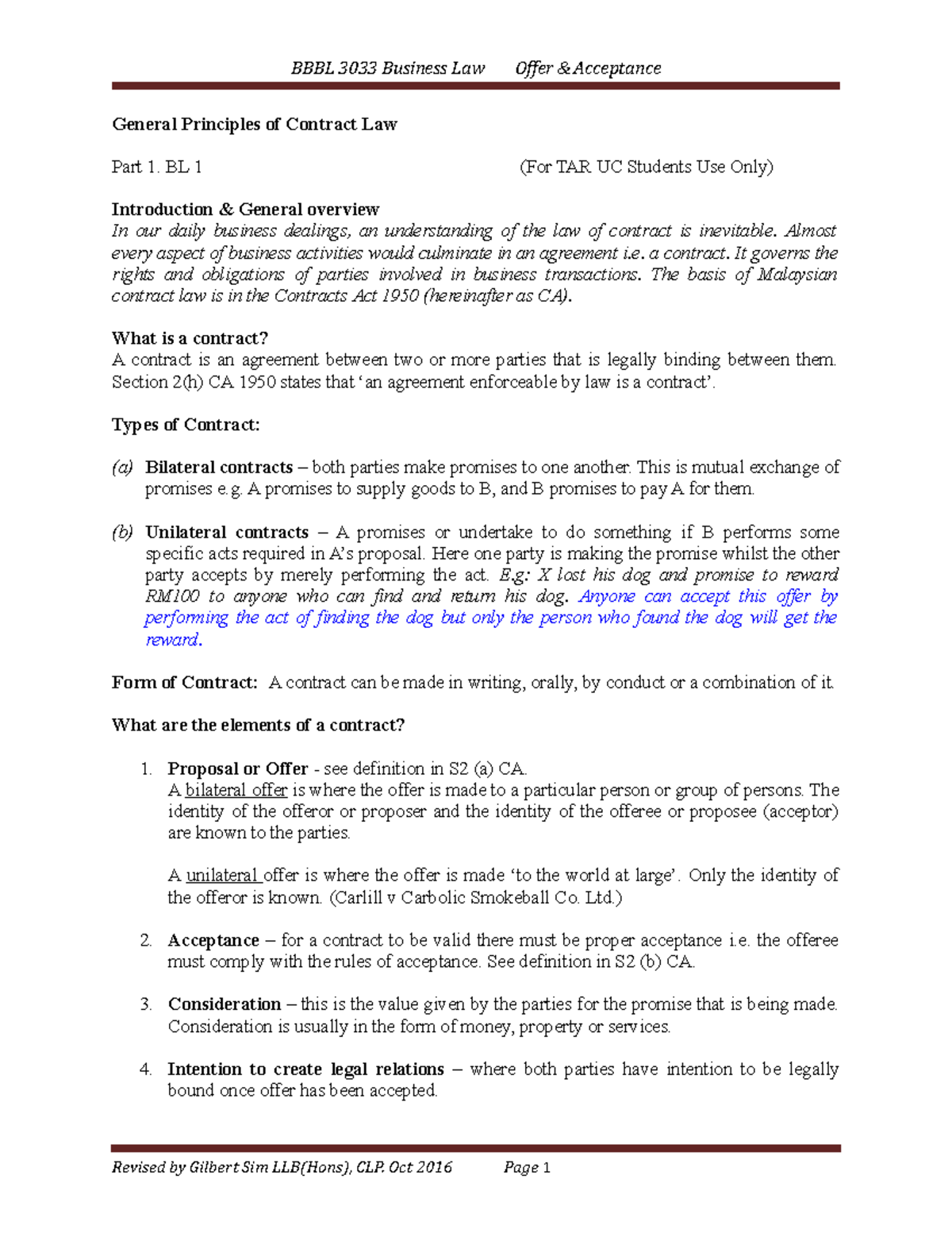 Ch 2 Part 1 Offer & Acceptnce BL1 General Principles of Contract Law