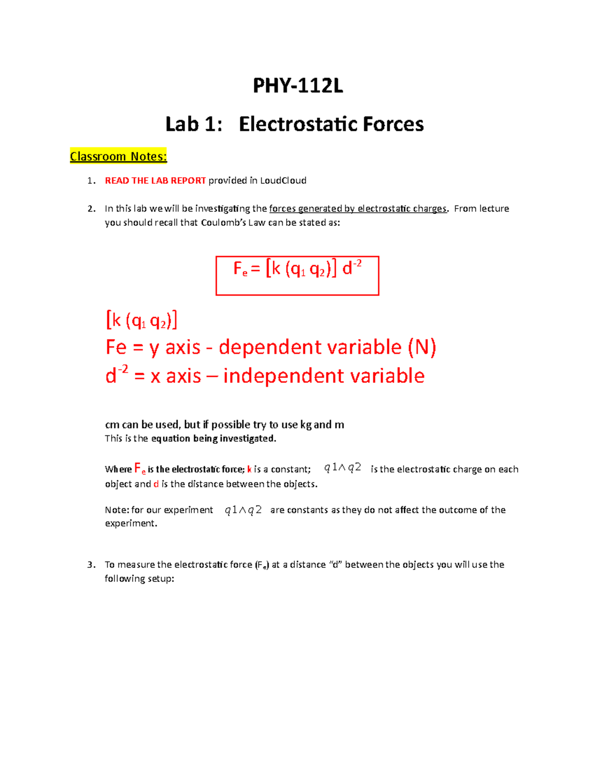 PHY-112L Class Notes - Lab 1 Electrostatic Forces - PHY-112L Lab 1 ...