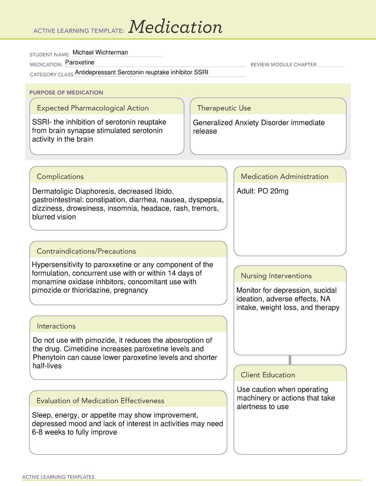 Medication Paroxetine ATI Template ACTIVE LEARNING TEMPLATES