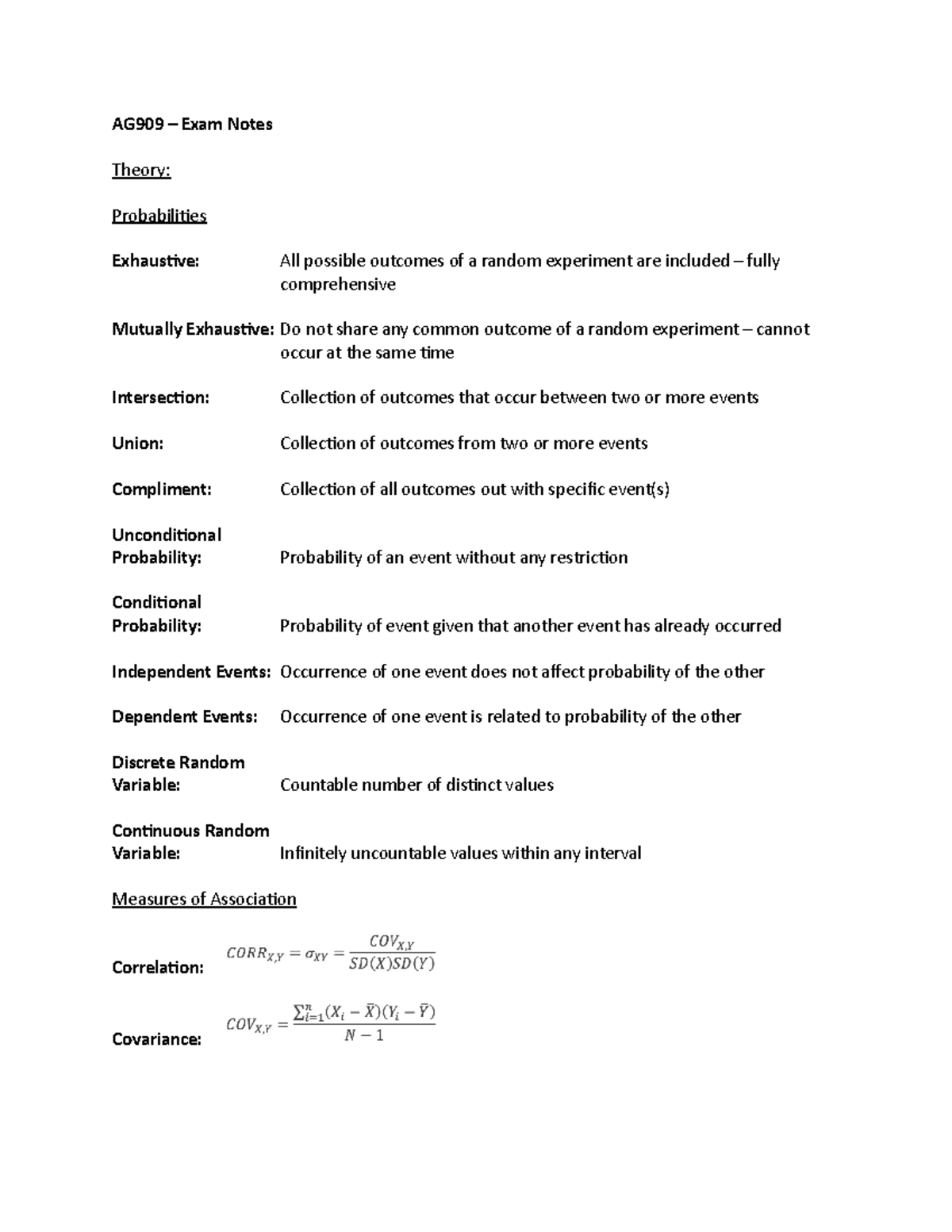 AG909 Notes AG909 Exam Notes Theory Probabilities Exhaustive All