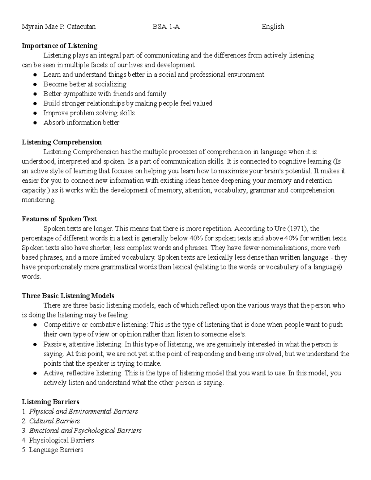 English - notes - Myrain Mae P. Catacutan BSA 1-A English Importance of ...
