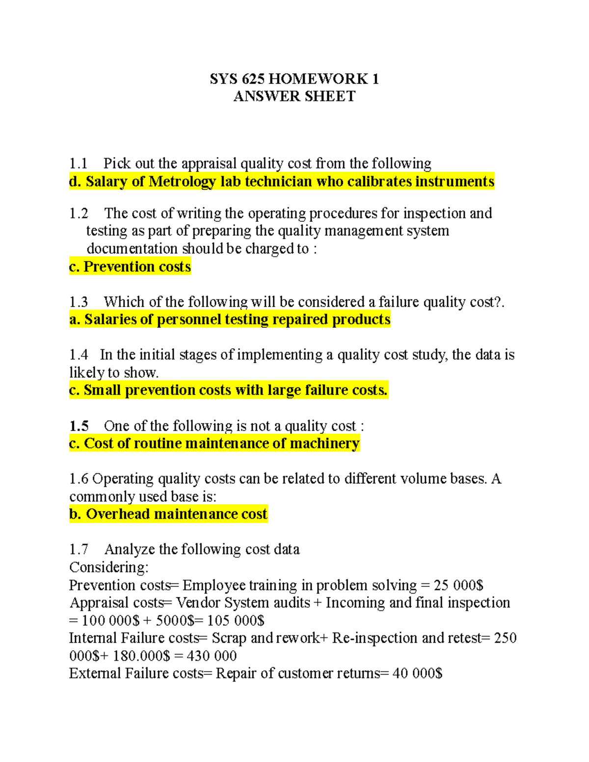 SYS 625 Homework 1 Appraisal Quality SYS 625 HOMEWORK 1 ANSWER