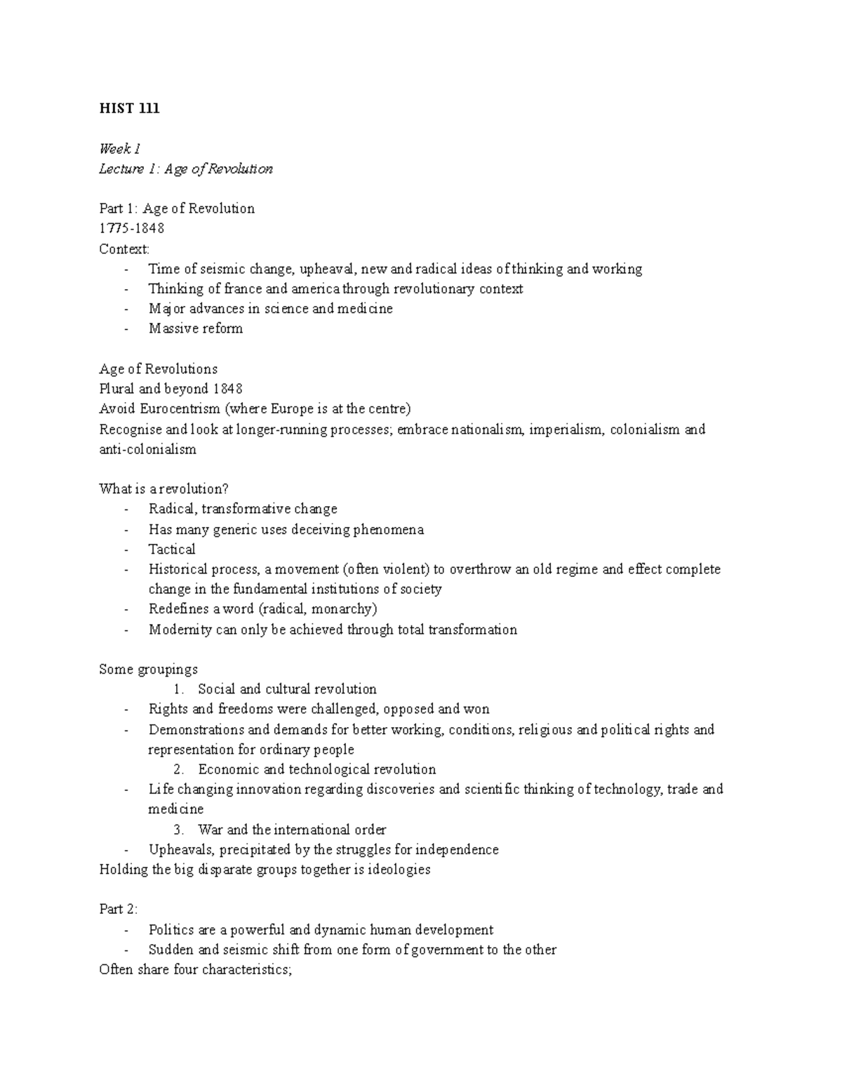 HIST Summary Lecture Notes - HIST 111 Week 1 Lecture 1: Age of ...