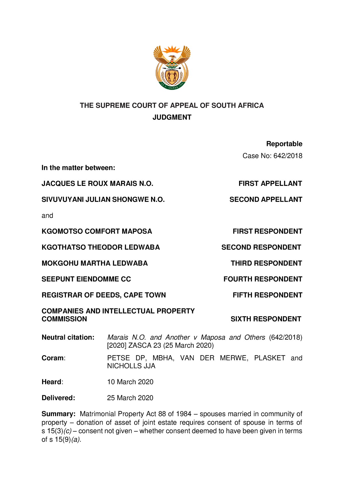 Marais v Maposa 2020 SCA - THE SUPREME COURT OF APPEAL OF SOUTH AFRICA ...