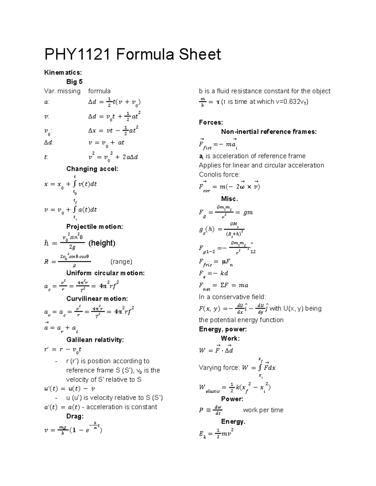 phy1121-physics-1-formula-sheet-phy1121-formula-sheet-kinematics-big