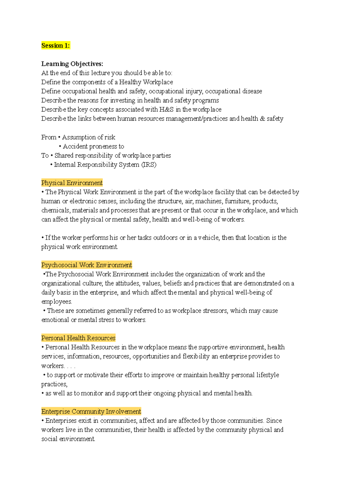 HRM3400 OH&S - notes from class and textbook - Session 1: Learning ...