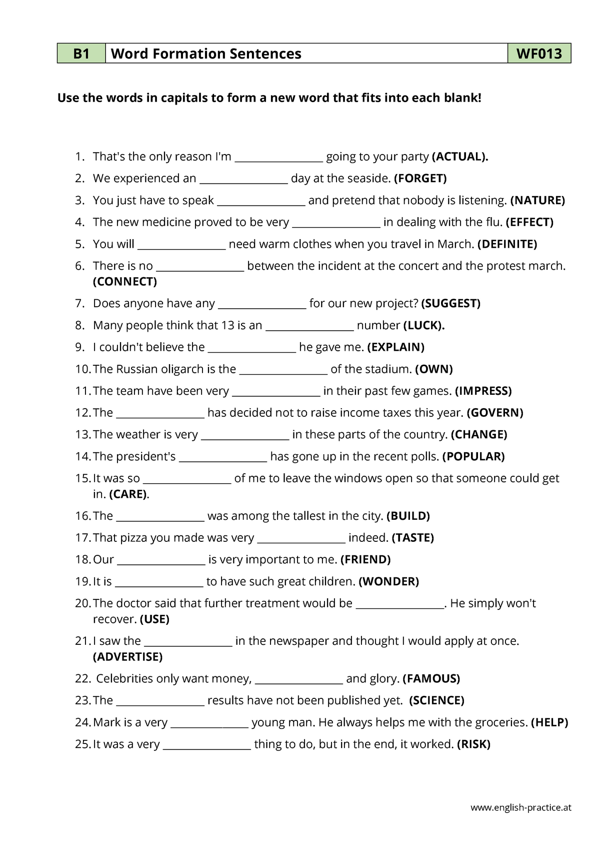 Wf013 word formation sentences - english-practice B1 Word Formation ...