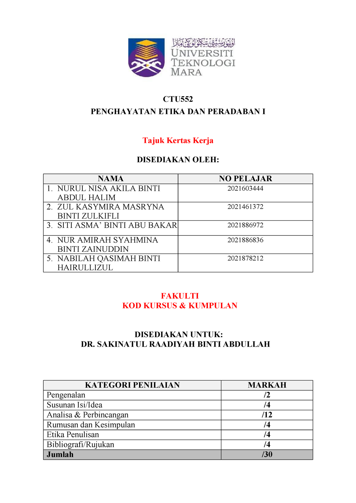 contoh tajuk assignment etika dan peradaban