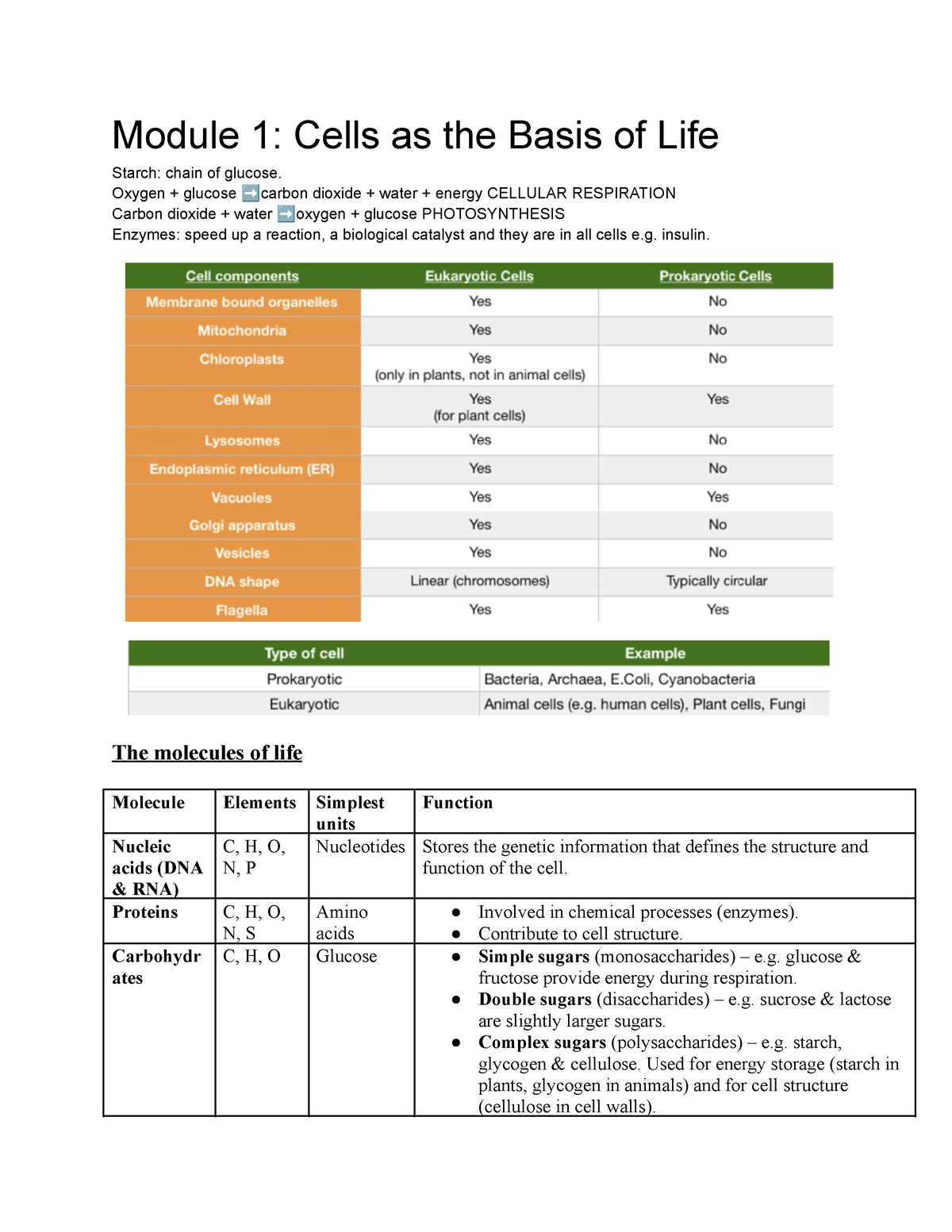 Biology Module 1 Summary Notes + Glossary - Module 1: Cells As The ...