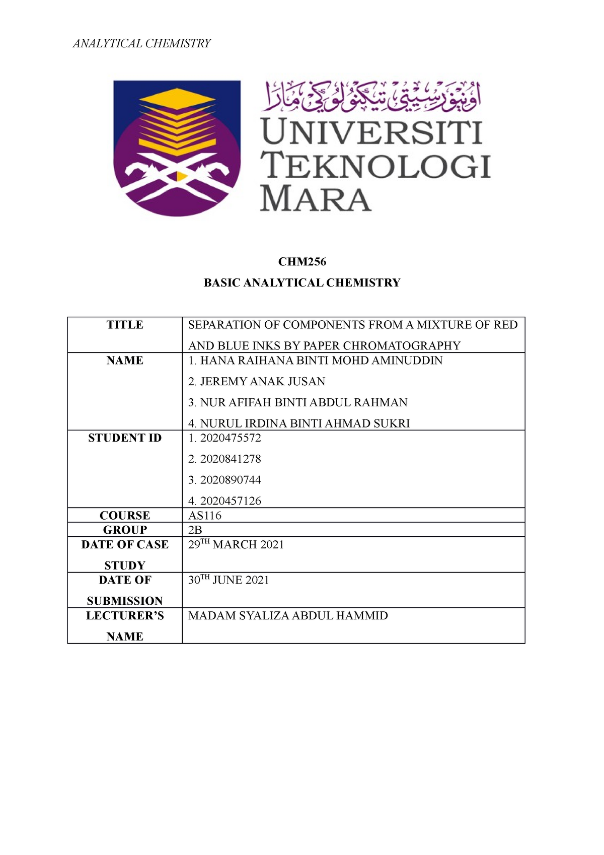 CHM256 - CASE STUDY - CHM BASIC ANALYTICAL CHEMISTRY TITLE SEPARATION ...