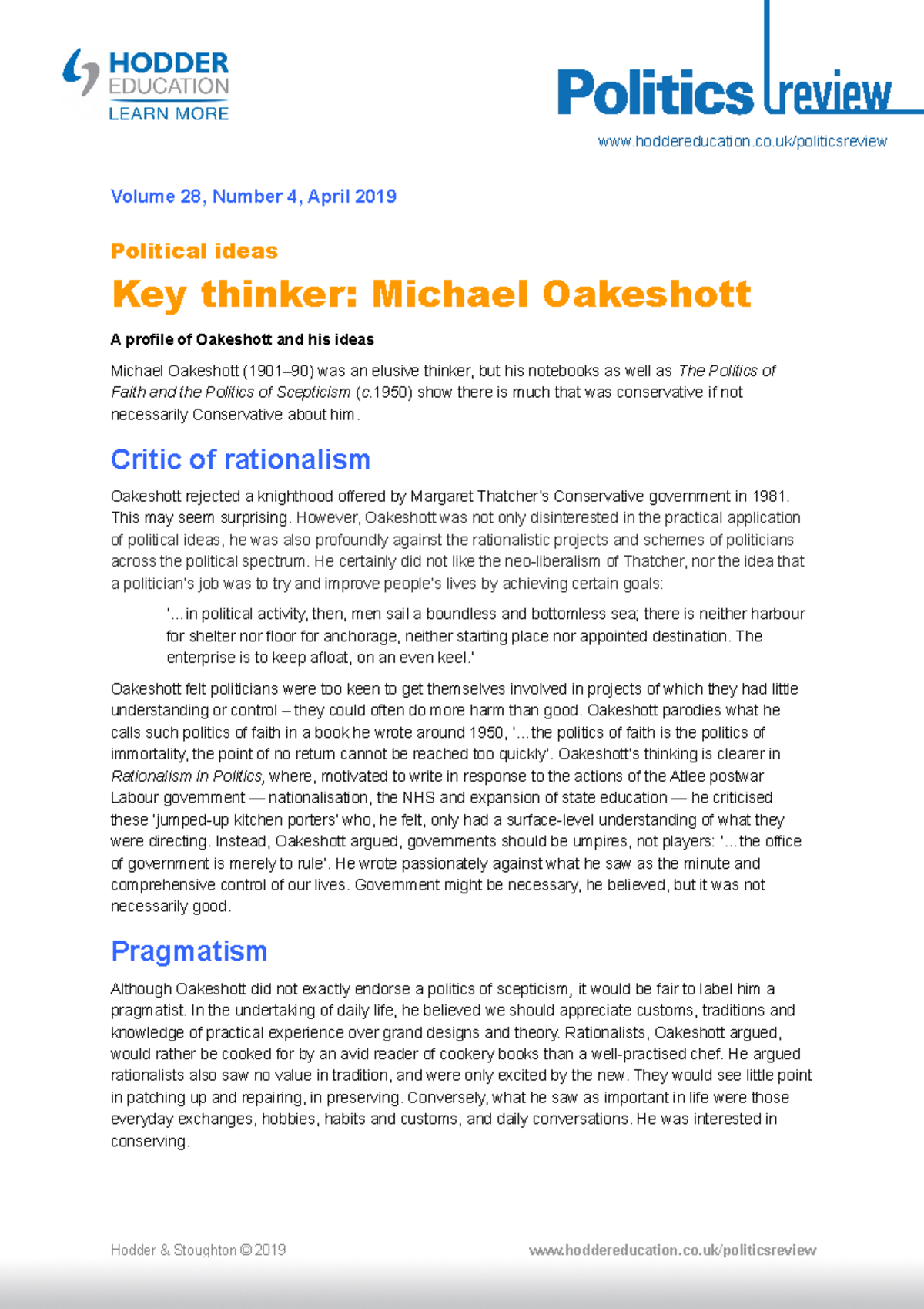 Politics Review 28 4 Ideas Oakeshott - Volume 28, Number 4, April 2019 ...