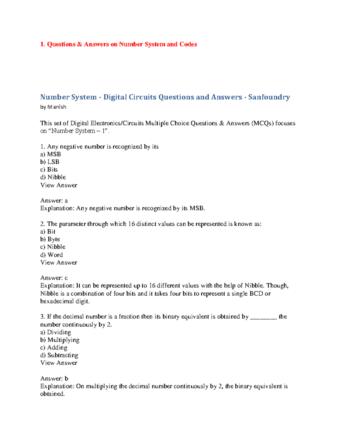 374035937 1 Questions Answers on Number System and Codes - 1. Questions ...