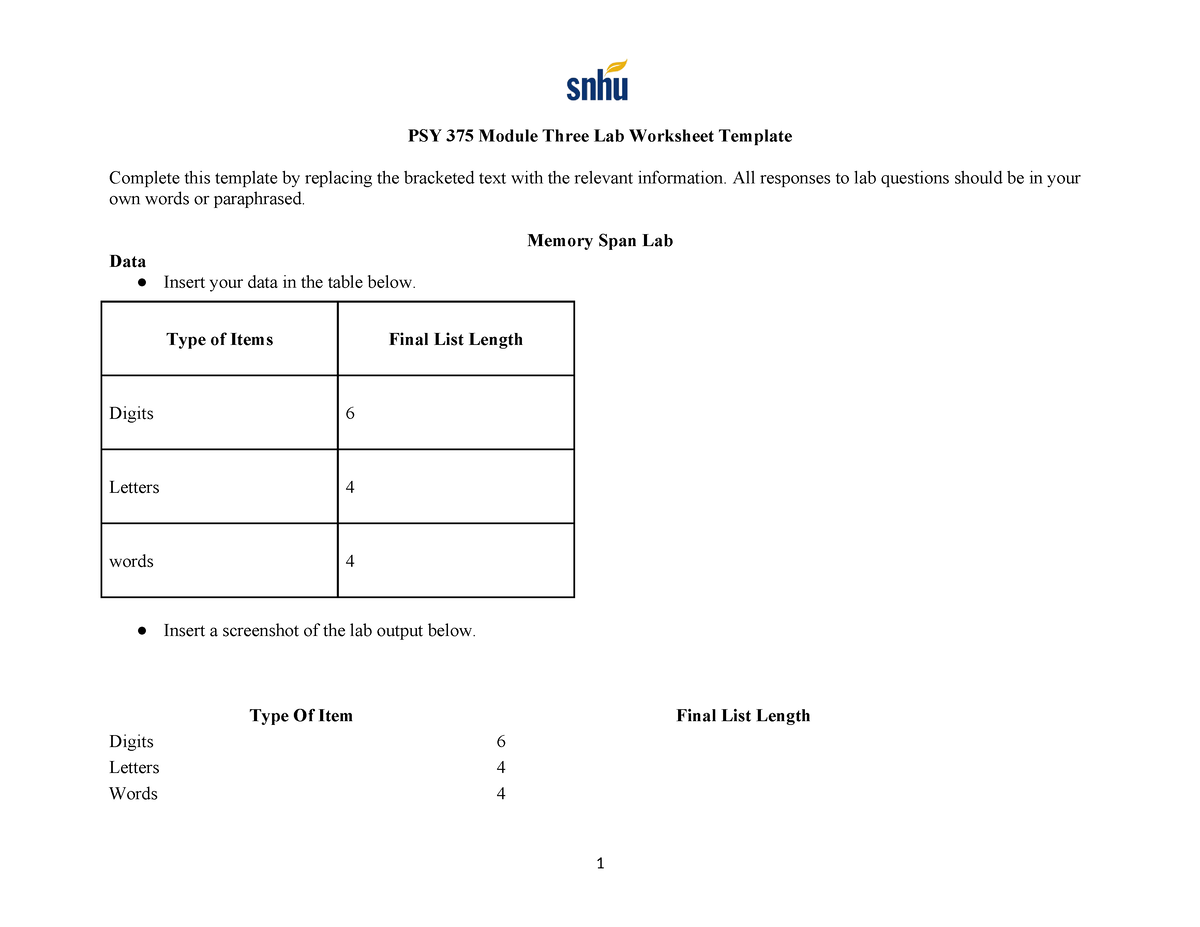 PSY 375 Module Three Lab Worksheet Template - PSY 375 Module Three Lab ...